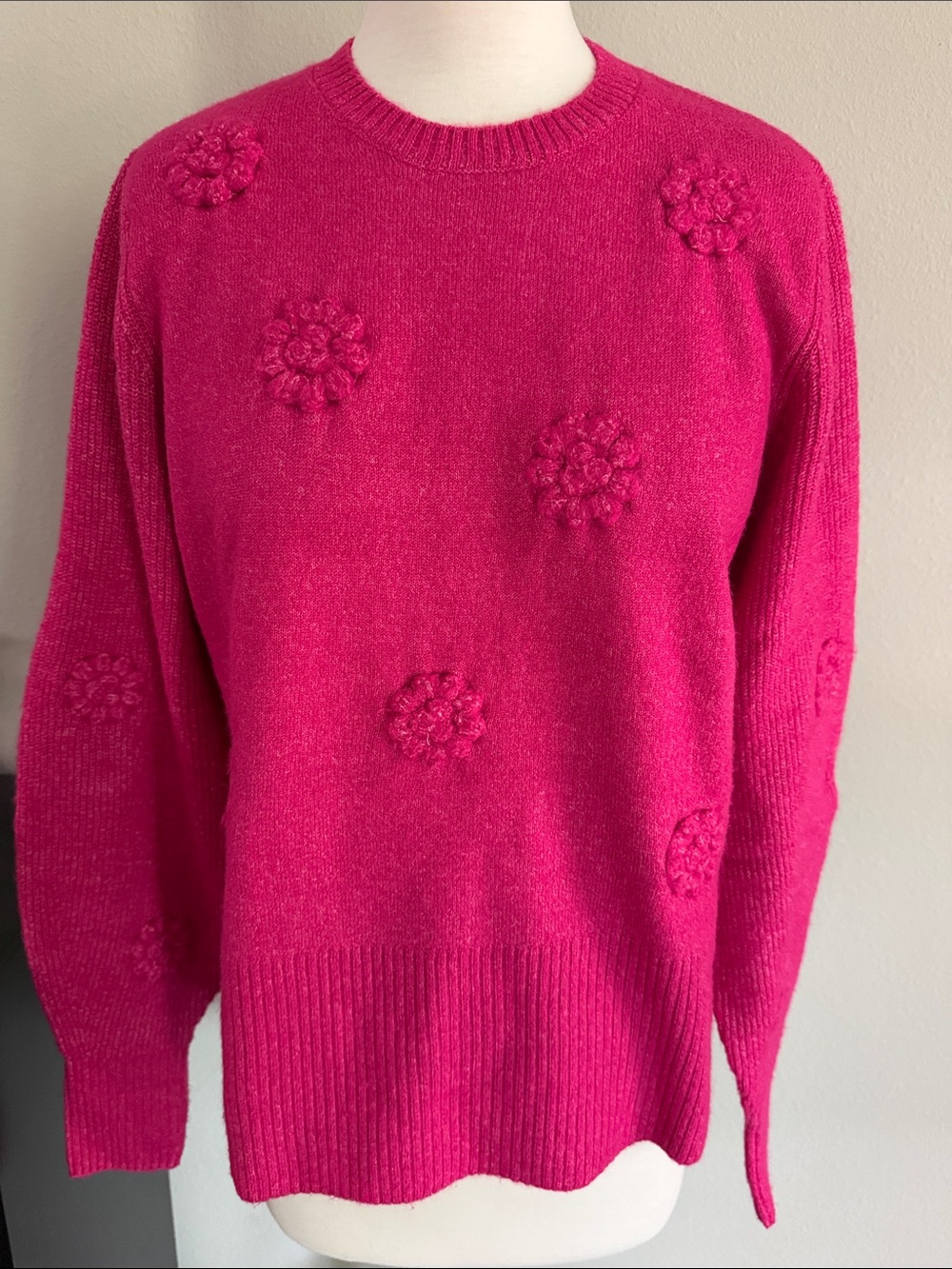 Isaac Mizrahi Hot Pink Pom-Pom Crewneck Sweater